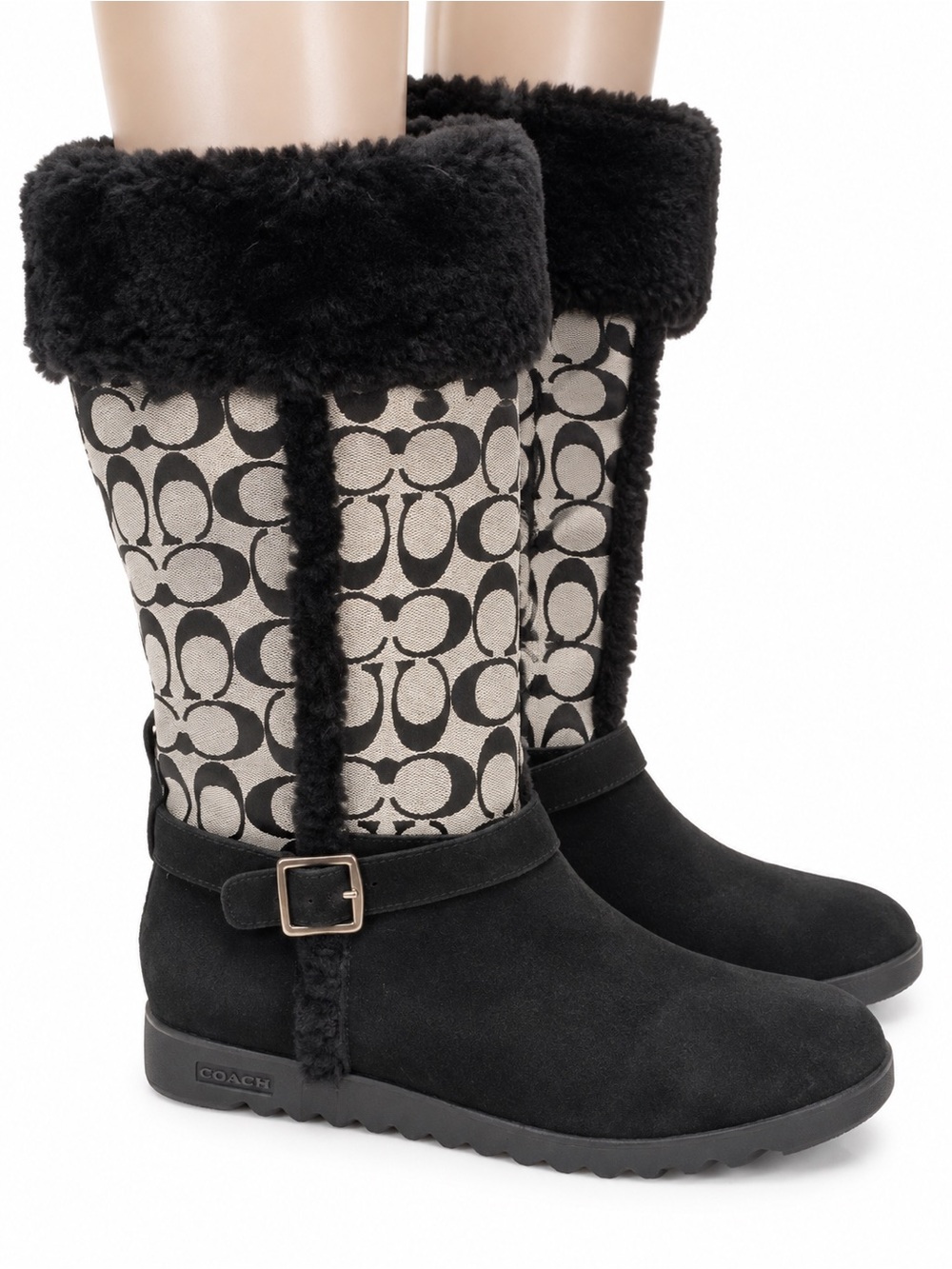 Coach Black and Cream Signature Logo Shearling-Trim Mid-Calf Boots